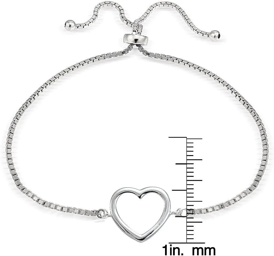 Hoops & Loops Sterling Silver Open Heart Polished Adjustable Bracelet