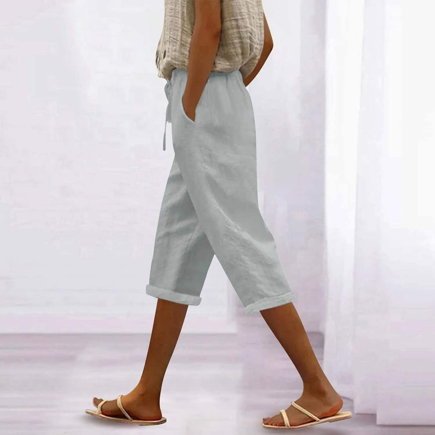 LCMTWX Wide Leg Linen Pants for Women 2025 Linen Elastic Seven Pants Beach Casual Pants Linen Capri Pants 2025 Pants with