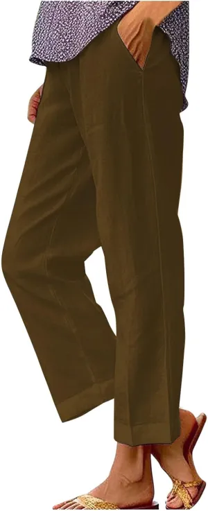LCMTWX Women's Summer Casual Linen Pants 2024 Long Drawstring Linen Women Waist Cotton Casual Pants Elastic Waist Loose Fit