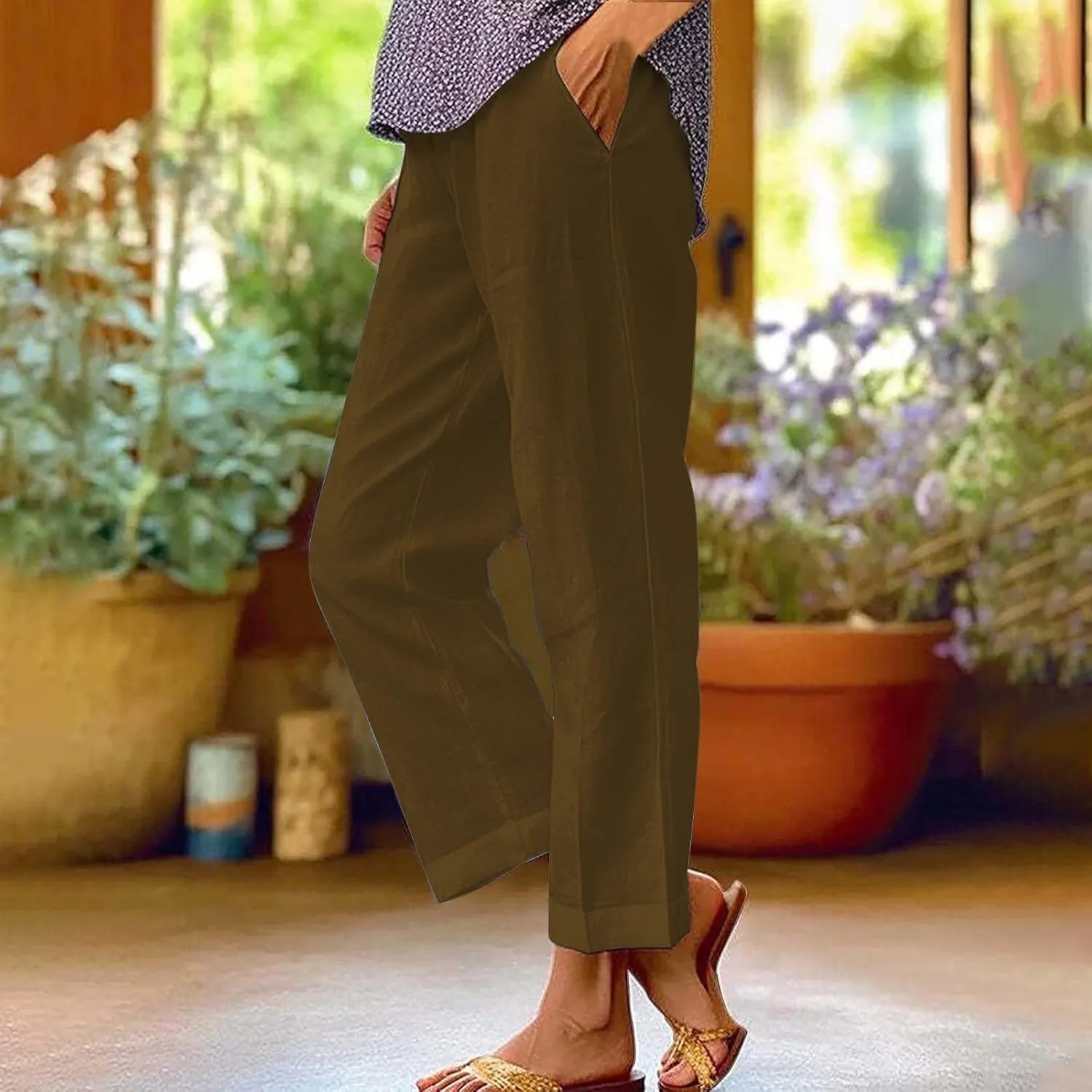 LCMTWX Women's Summer Casual Linen Pants 2024 Long Drawstring Linen Women Waist Cotton Casual Pants Elastic Waist Loose Fit