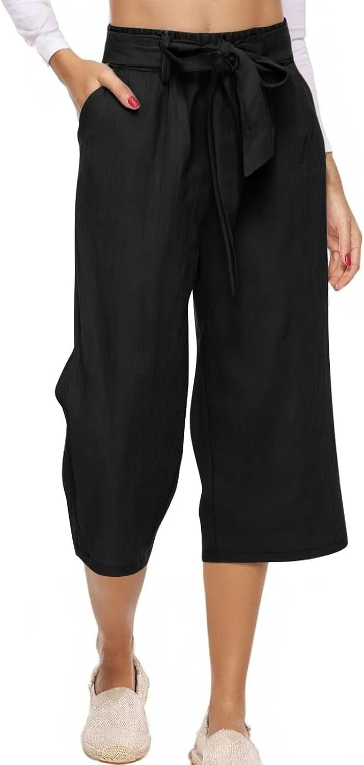 Linen Capri Pants for Women High Waist Casual Wide Straight Leg Trousers 2025 Summer Elastic Plus Size Lounge