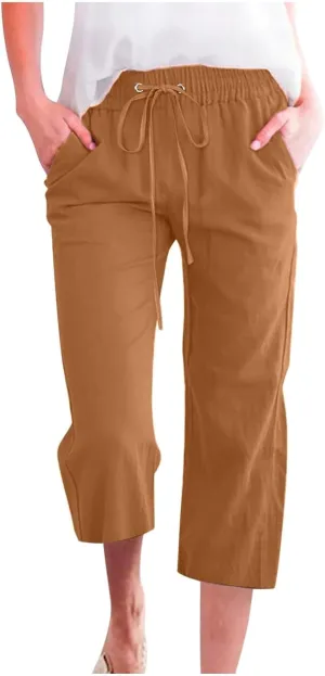 Linen Capri Pants for Women High Waist Casual Wide Straight Leg Trousers 2025 Summer Elastic Plus Size Lounge
