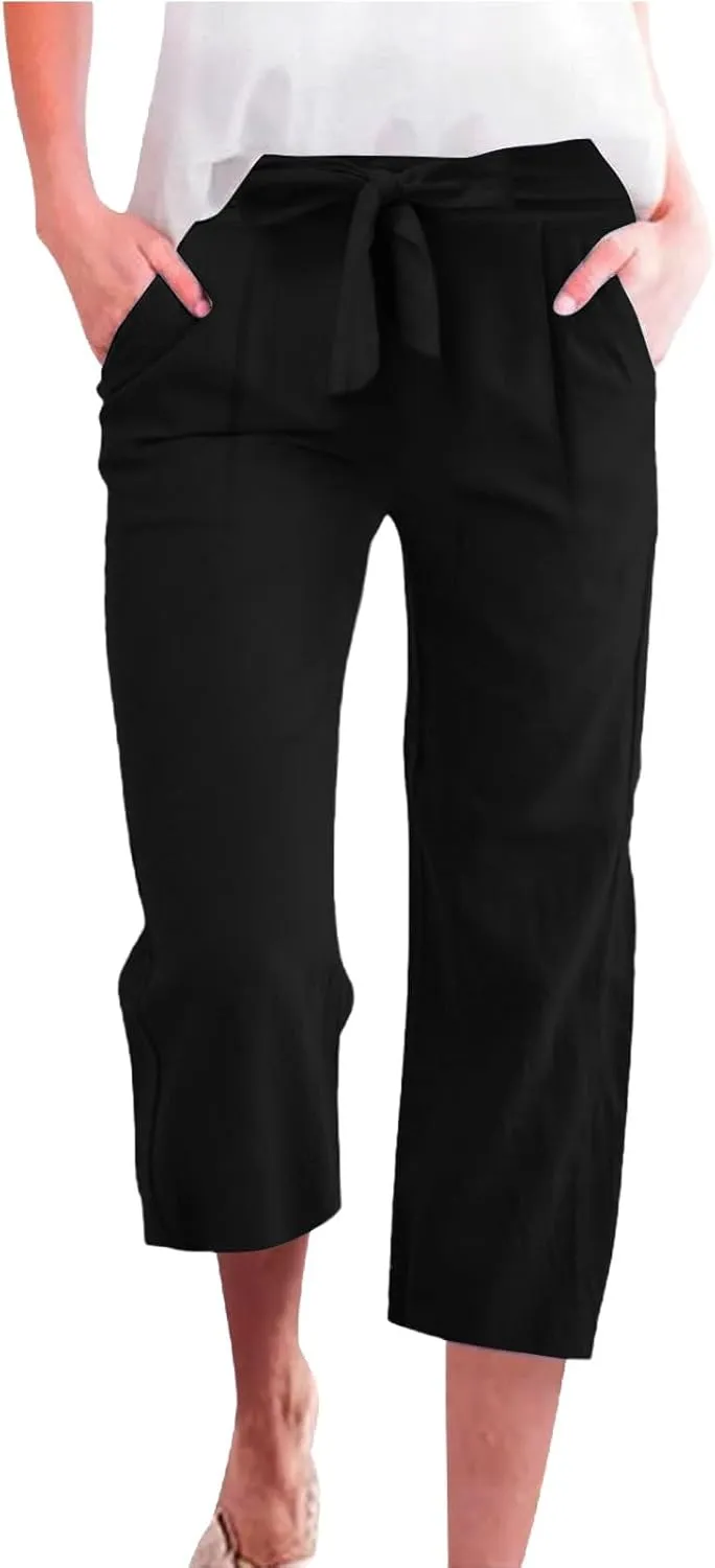 Linen Capri Pants for Women High Waist Casual Wide Straight Leg Trousers 2025 Summer Elastic Plus Size Lounge
