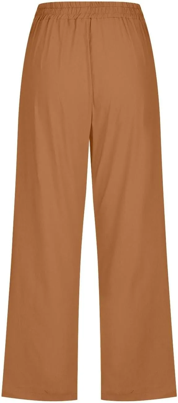 Linen Capri Pants for Women High Waist Casual Wide Straight Leg Trousers 2025 Summer Elastic Plus Size Lounge