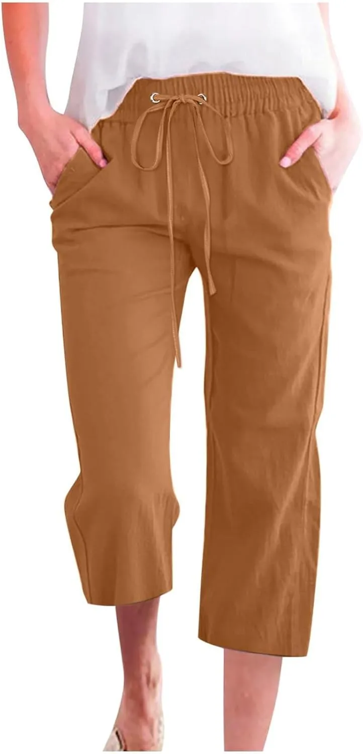 Linen Capri Pants for Women High Waist Casual Wide Straight Leg Trousers 2025 Summer Elastic Plus Size Lounge
