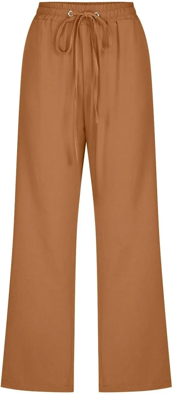 Linen Capri Pants for Women High Waist Casual Wide Straight Leg Trousers 2025 Summer Elastic Plus Size Lounge