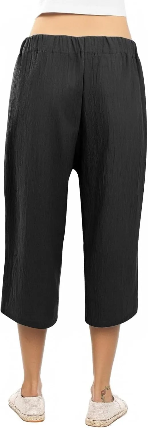 Linen Capri Pants for Women High Waist Casual Wide Straight Leg Trousers 2025 Summer Elastic Plus Size Lounge