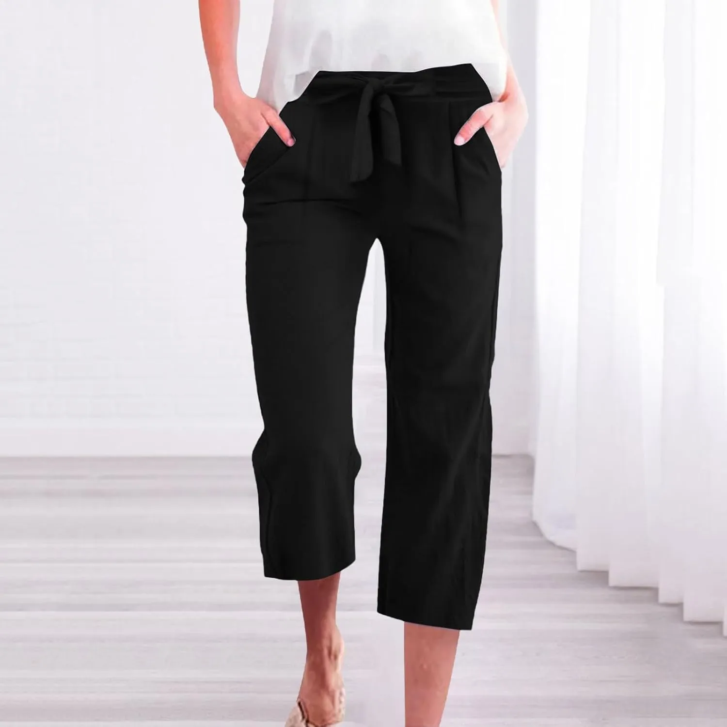 Linen Capri Pants for Women High Waist Casual Wide Straight Leg Trousers 2025 Summer Elastic Plus Size Lounge