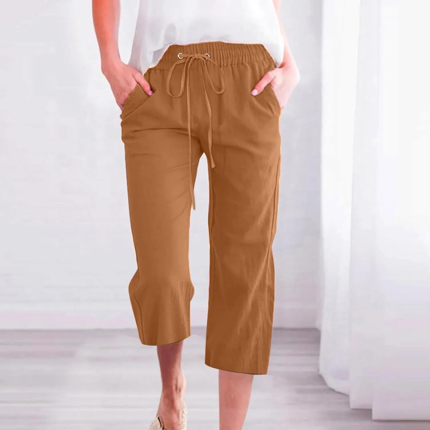 Linen Capri Pants for Women High Waist Casual Wide Straight Leg Trousers 2025 Summer Elastic Plus Size Lounge