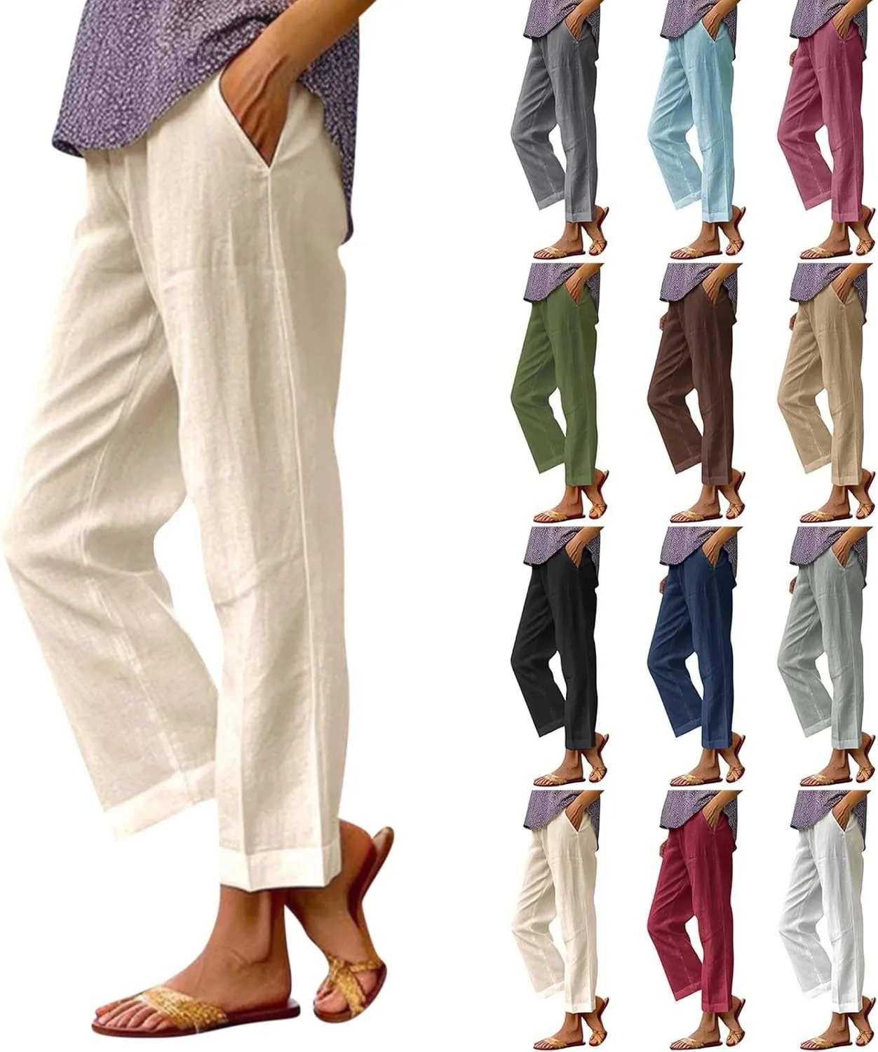 Linen Cropped Pants for Women Cotton High Waisted Wide Leg Pants Casual Summer Plus Size Beach Capris with Pockets
