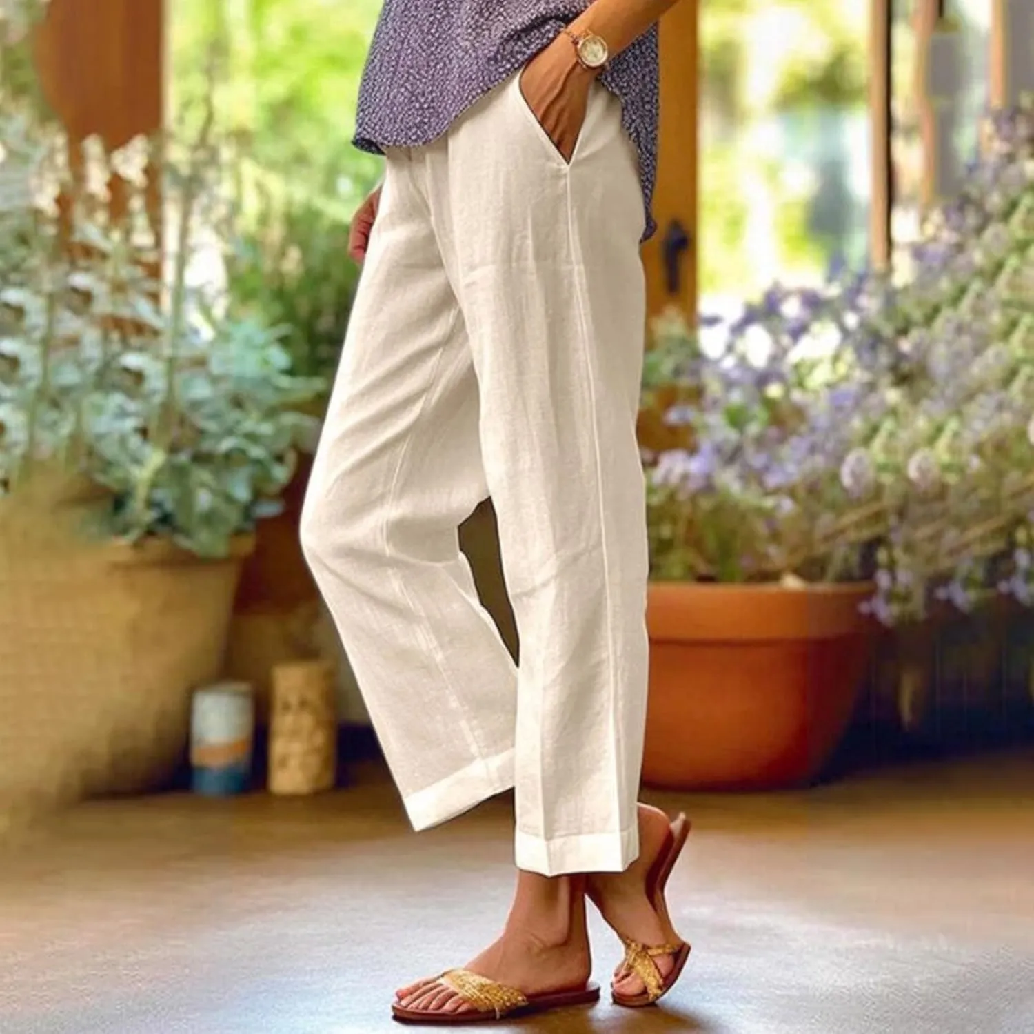 Linen Cropped Pants for Women Cotton High Waisted Wide Leg Pants Casual Summer Plus Size Beach Capris with Pockets