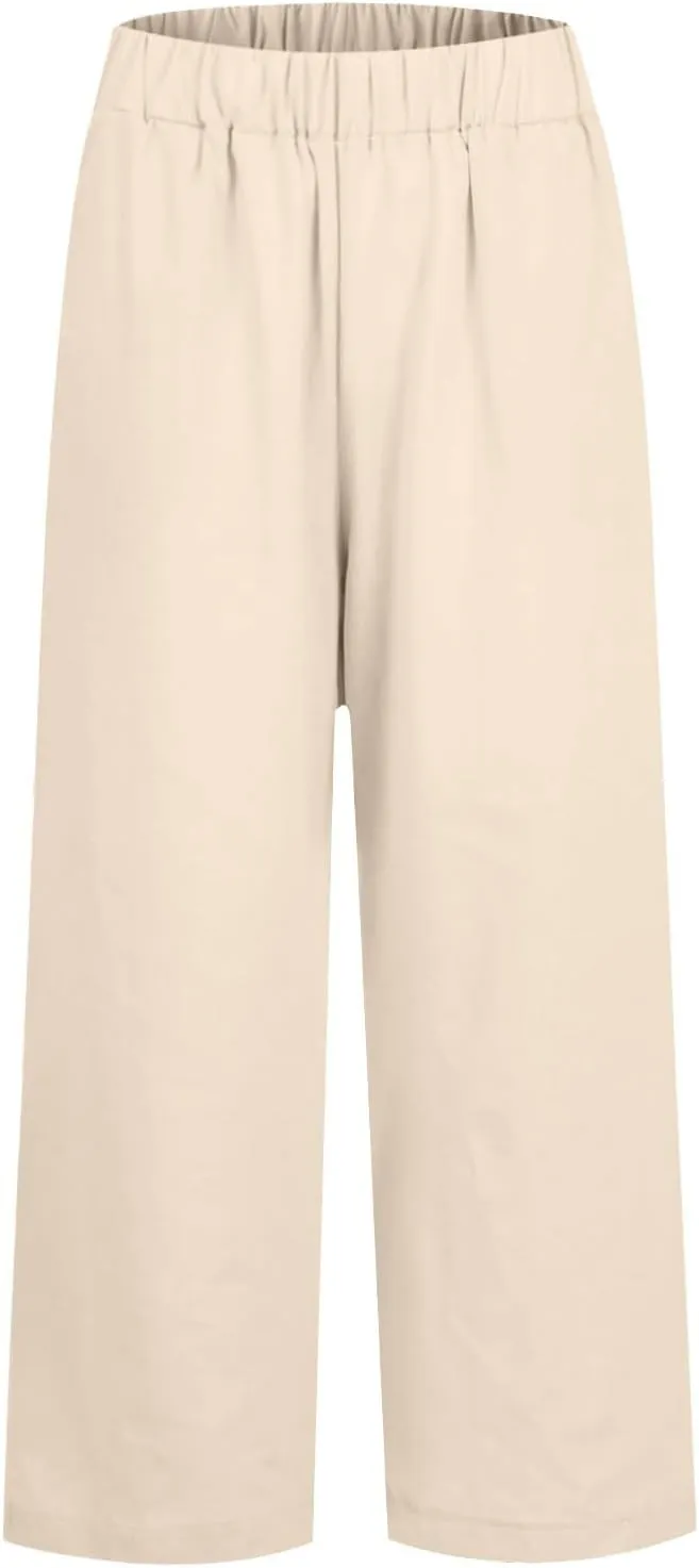 Linen Cropped Pants for Women Cotton High Waisted Wide Leg Pants Casual Summer Plus Size Beach Capris with Pockets