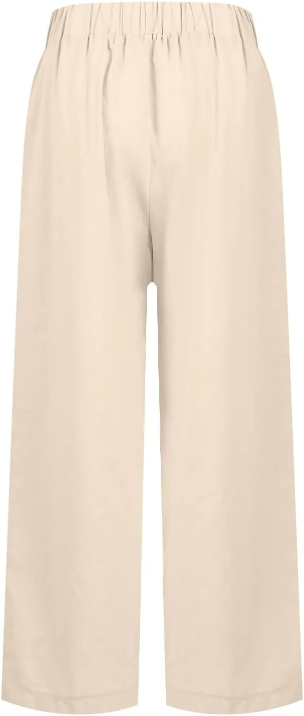Linen Cropped Pants for Women Cotton High Waisted Wide Leg Pants Casual Summer Plus Size Beach Capris with Pockets