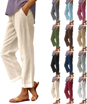 Linen Cropped Pants for Women Cotton High Waisted Wide Leg Pants Casual Summer Plus Size Beach Capris with Pockets