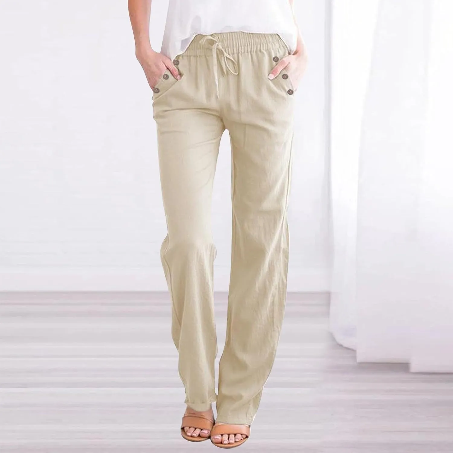 Linen Pants for Women Summer Drawstring Pockets Wide Leg Loose Casual Cotton Linen Palazzo Pants Beach Yoga Pant