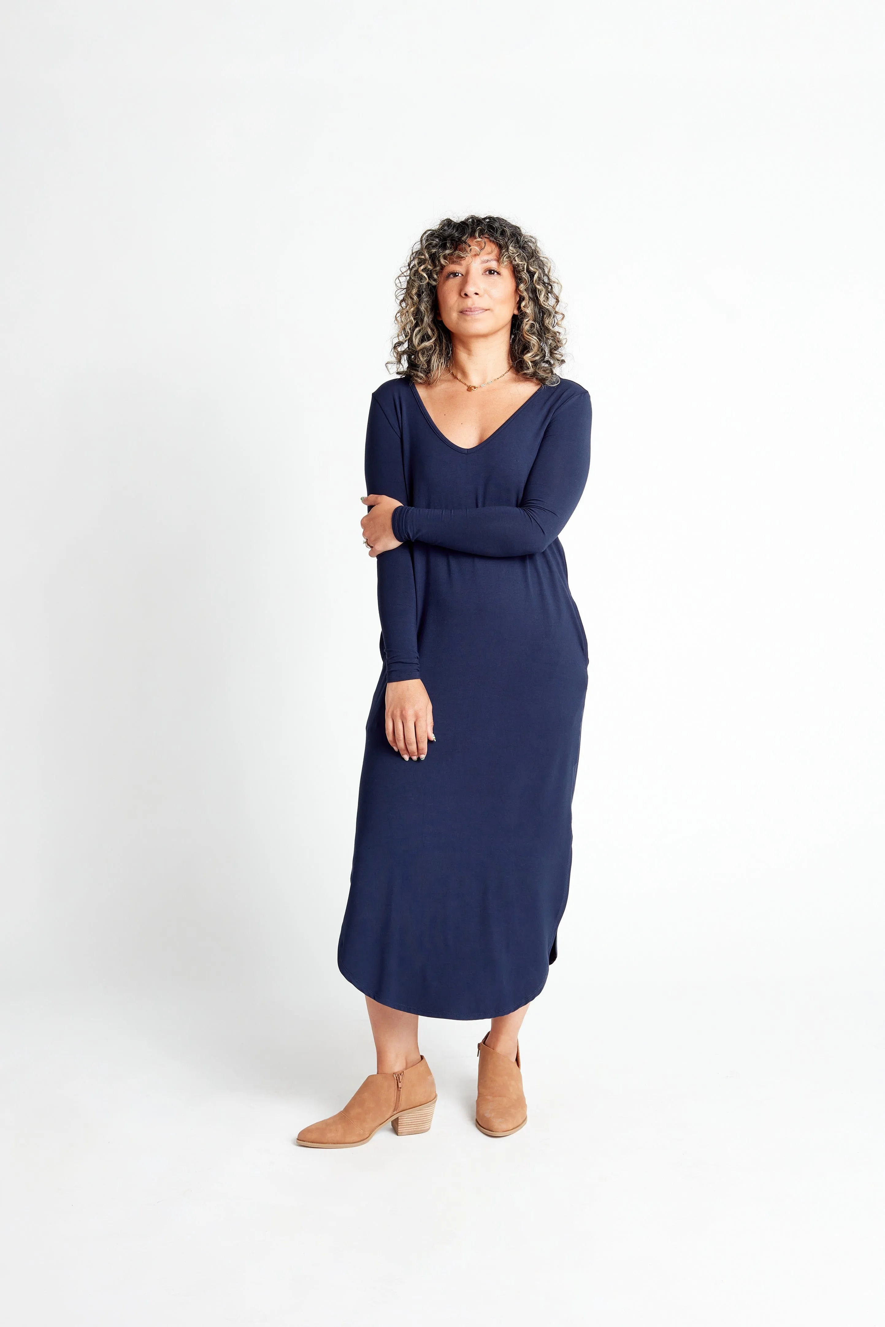 Long Sleeve V-Neck Maxi Dress in Navy