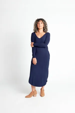 Long Sleeve V-Neck Maxi Dress in Navy