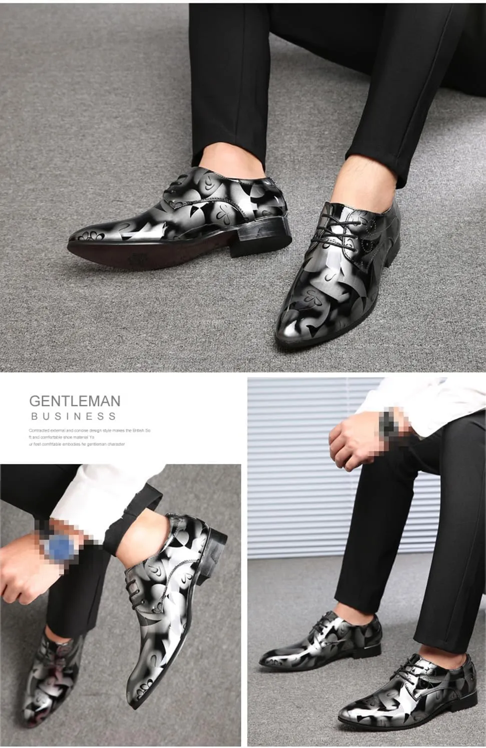 Men's Dress Shoes Fashion Floral Patent Leather Tuxedo Oxfords Formal Business Wedding Shoes Classic Suit Shoes