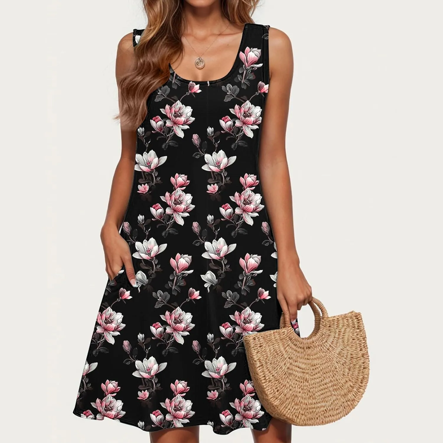 Midi Dress for Women Floral Print Sleeveless Summer Dresses Boho Flowy Casual Dress Beach Vacation Sundress