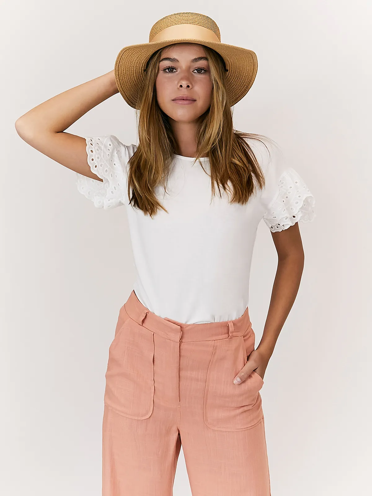 Nikki Peach High Waist Linen Blend Wide Leg Trousers