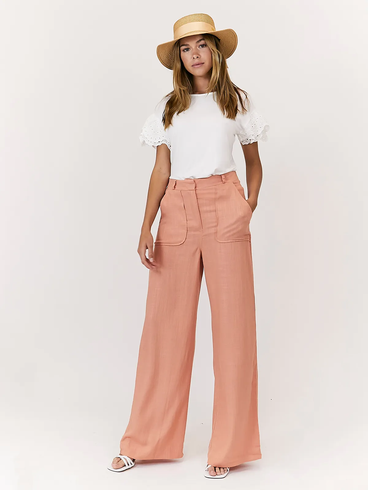 Nikki Peach High Waist Linen Blend Wide Leg Trousers