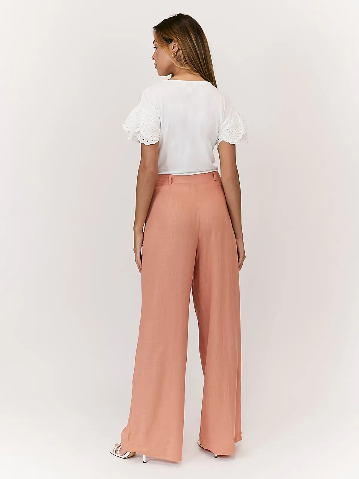 Nikki Peach High Waist Linen Blend Wide Leg Trousers