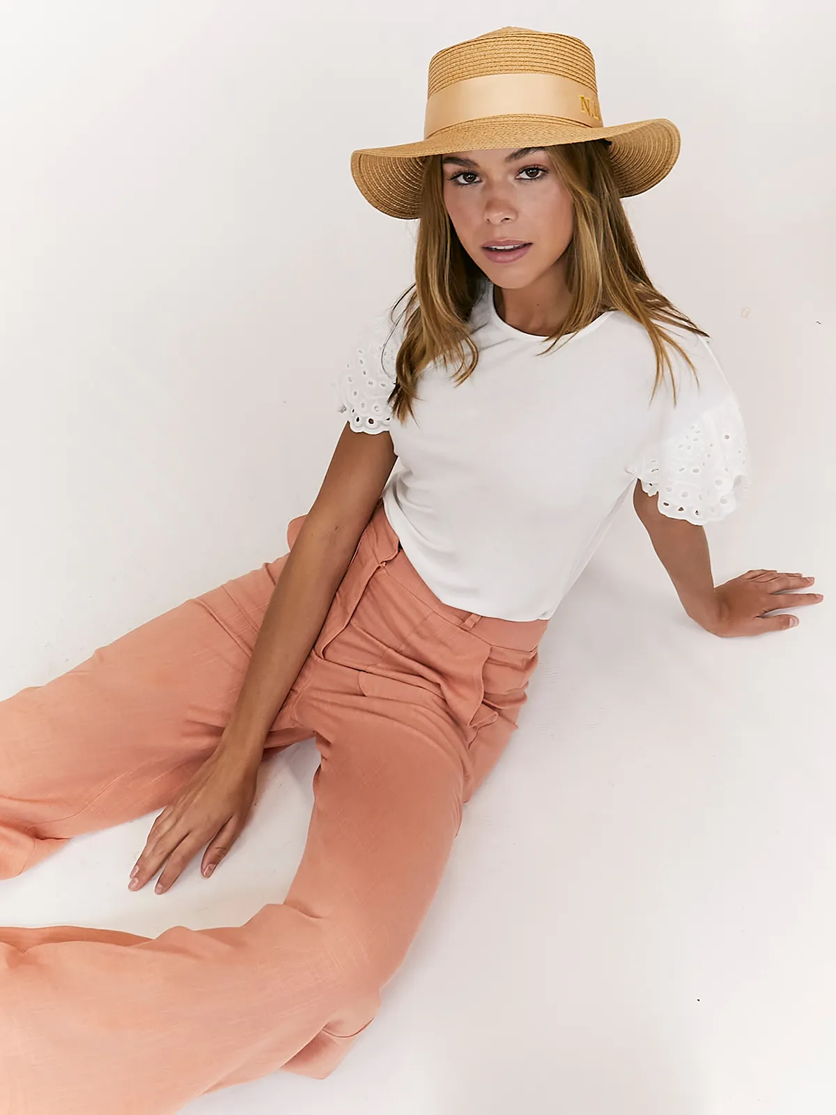 Nikki Peach High Waist Linen Blend Wide Leg Trousers