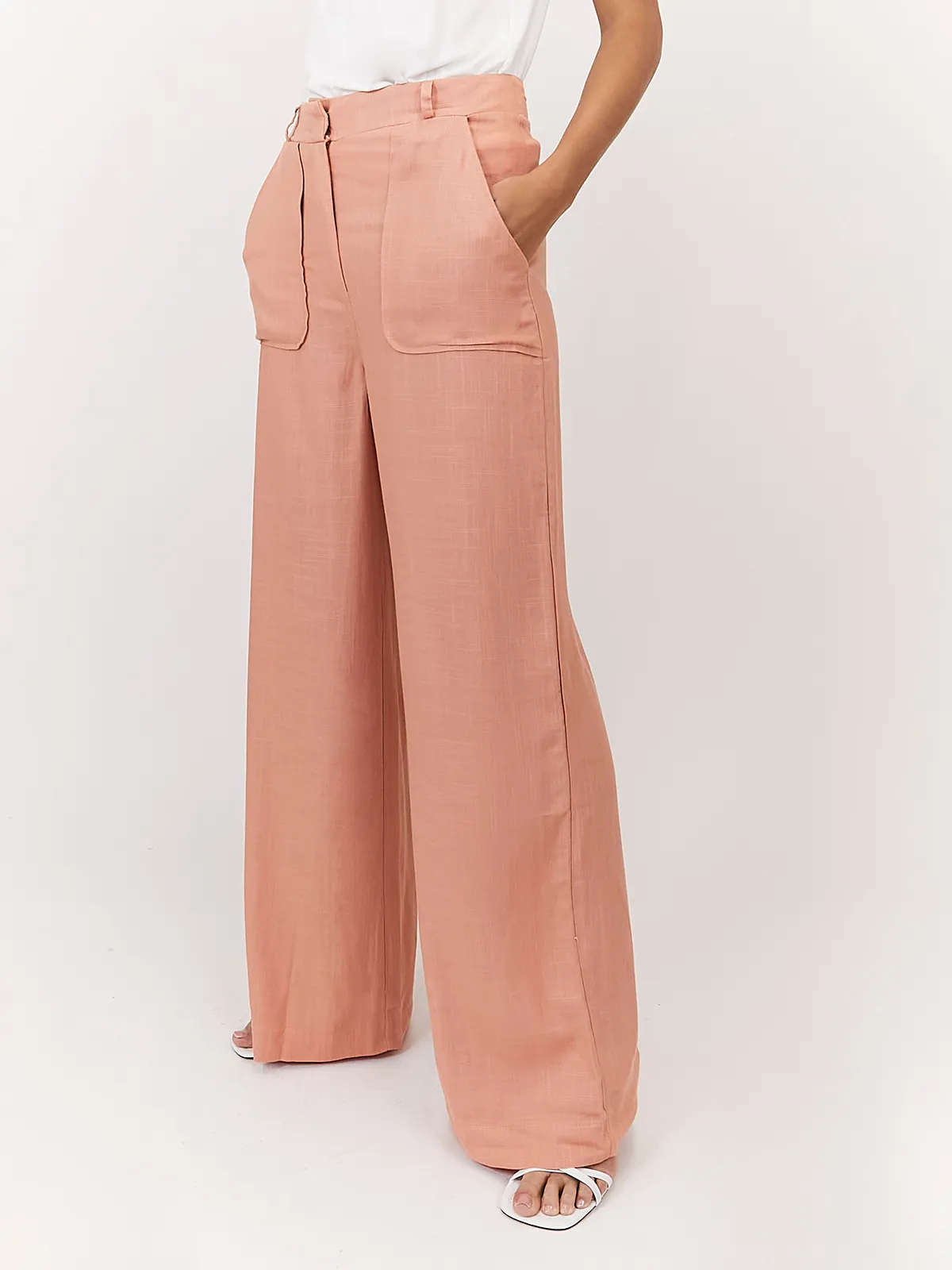 Nikki Peach High Waist Linen Blend Wide Leg Trousers
