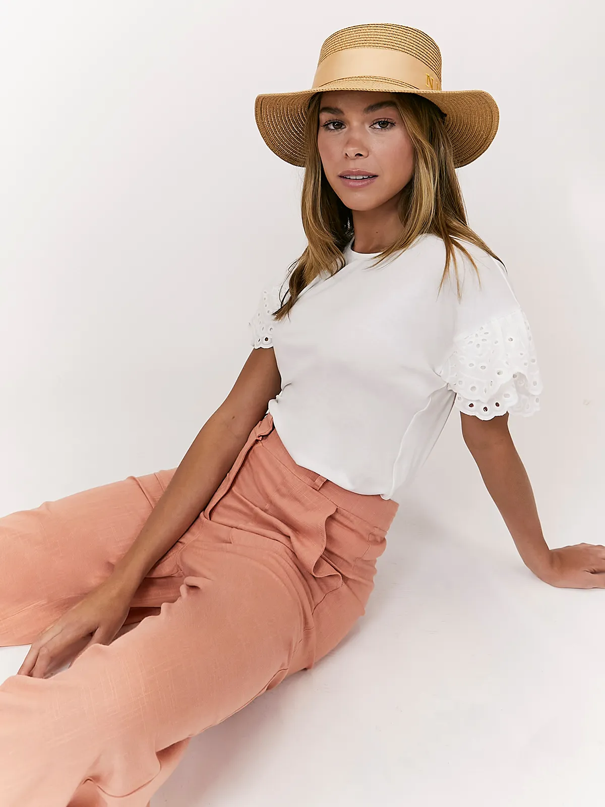 Nikki Peach High Waist Linen Blend Wide Leg Trousers