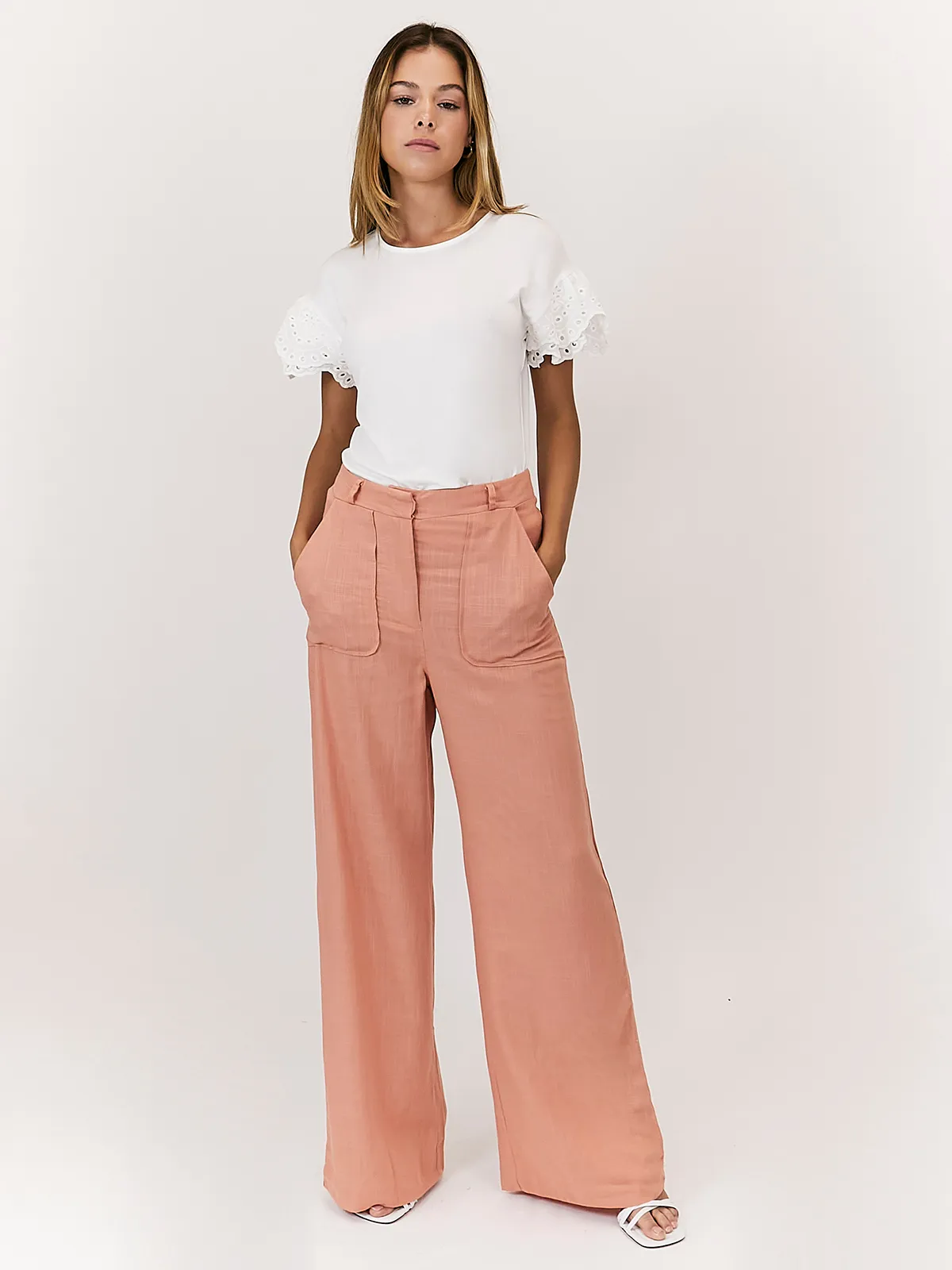 Nikki Peach High Waist Linen Blend Wide Leg Trousers