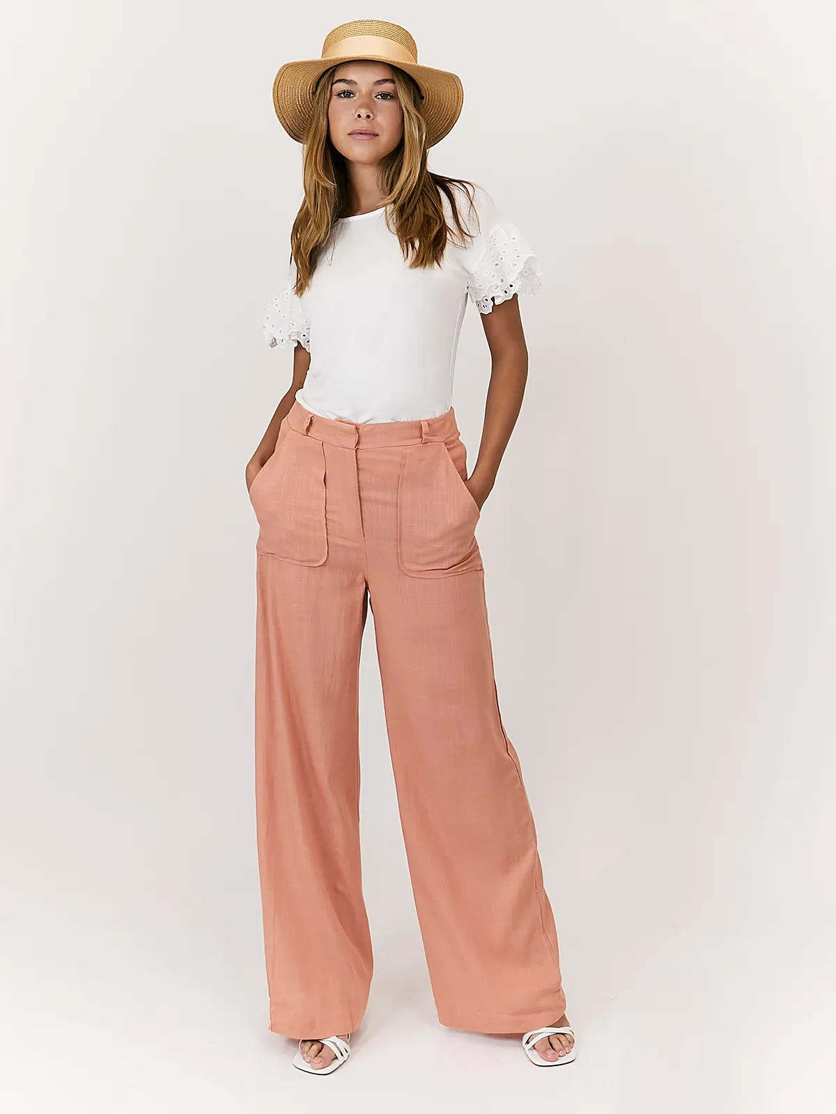 Nikki Peach High Waist Linen Blend Wide Leg Trousers