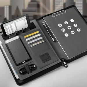 Notebook padfolio with 5000 mAh wire/wireless charging power mobile cellphone bag notepad
