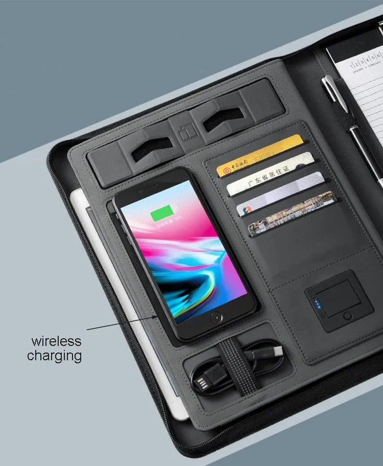 Notebook padfolio with 5000 mAh wire/wireless charging power mobile cellphone bag notepad