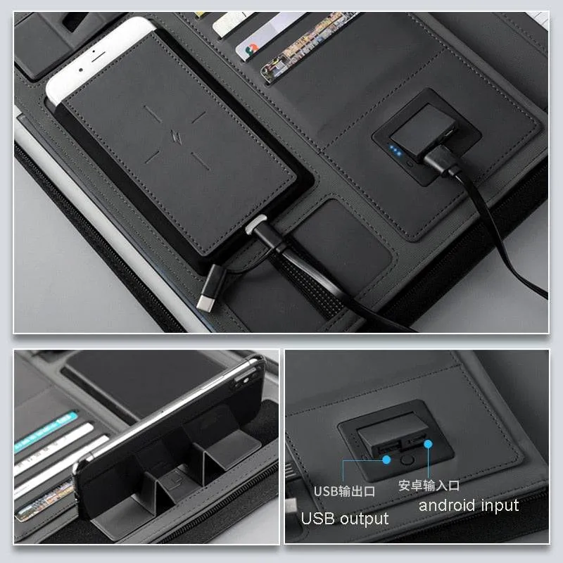 Notebook padfolio with 5000 mAh wire/wireless charging power mobile cellphone bag notepad
