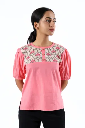 Pink Puffed Sleeve Block Printed Top
