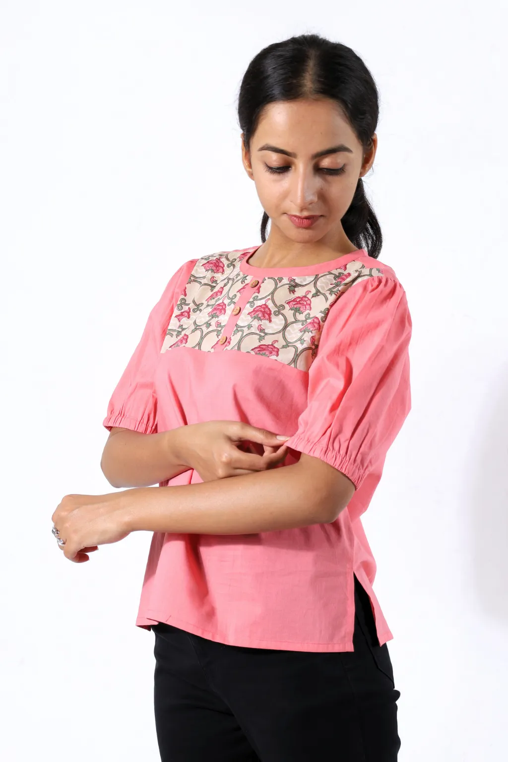Pink Puffed Sleeve Block Printed Top