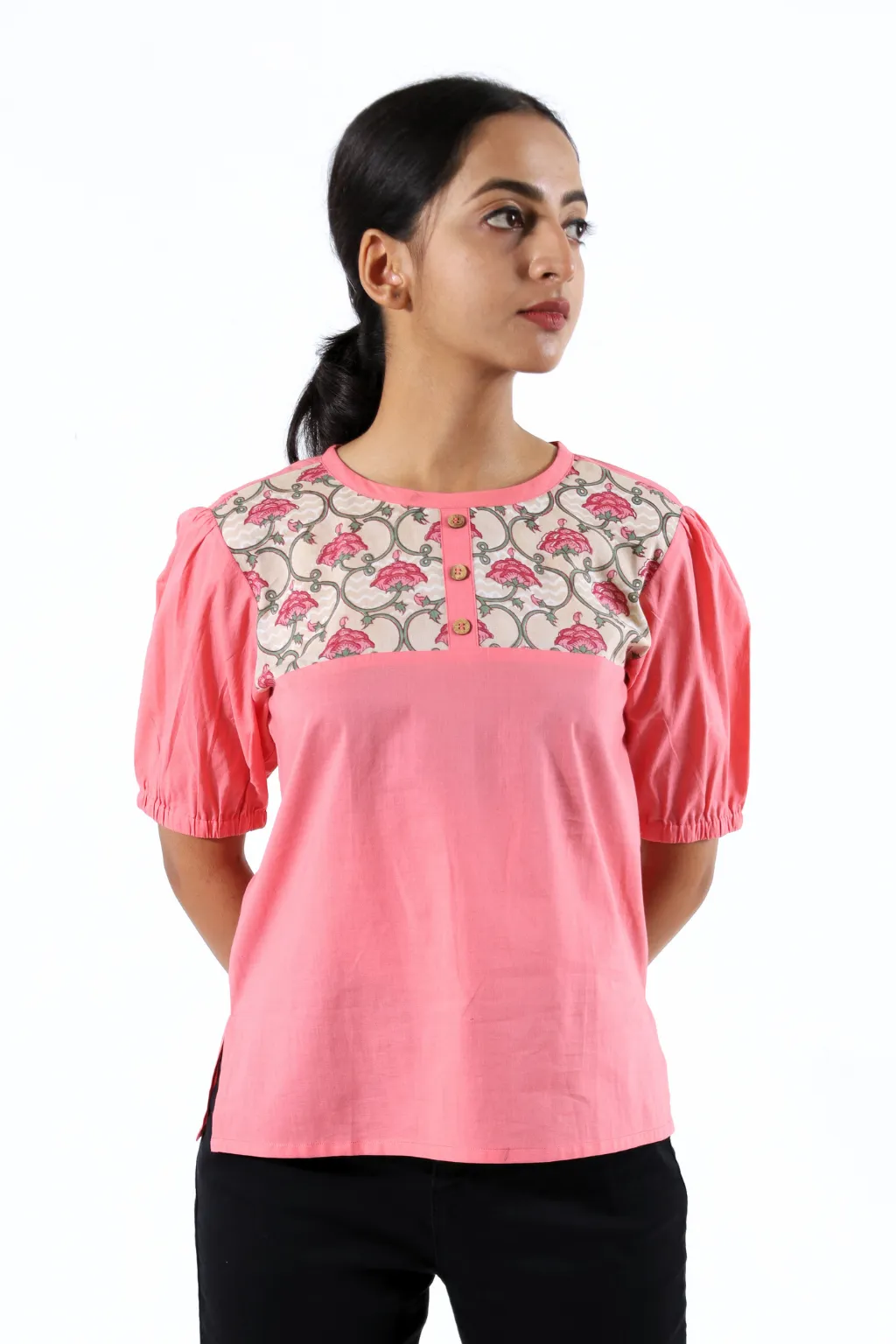 Pink Puffed Sleeve Block Printed Top