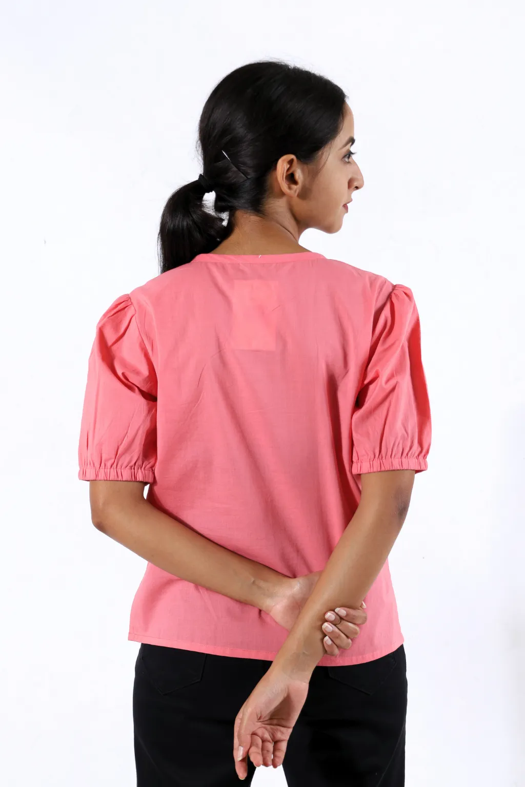 Pink Puffed Sleeve Block Printed Top