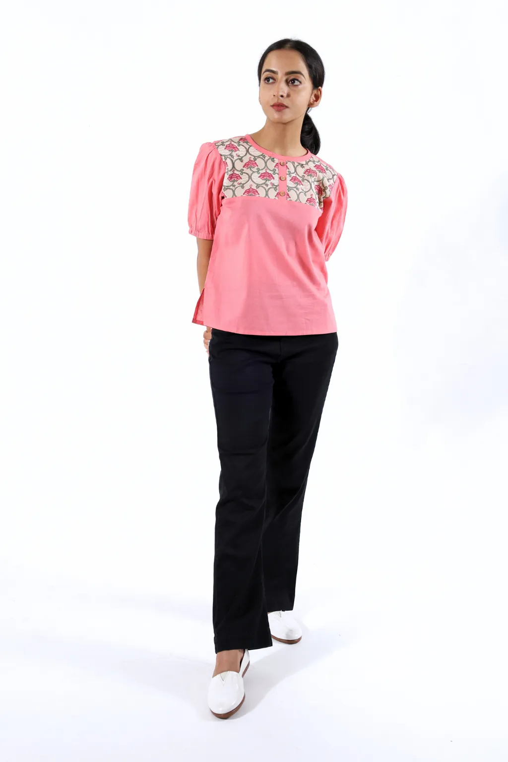 Pink Puffed Sleeve Block Printed Top
