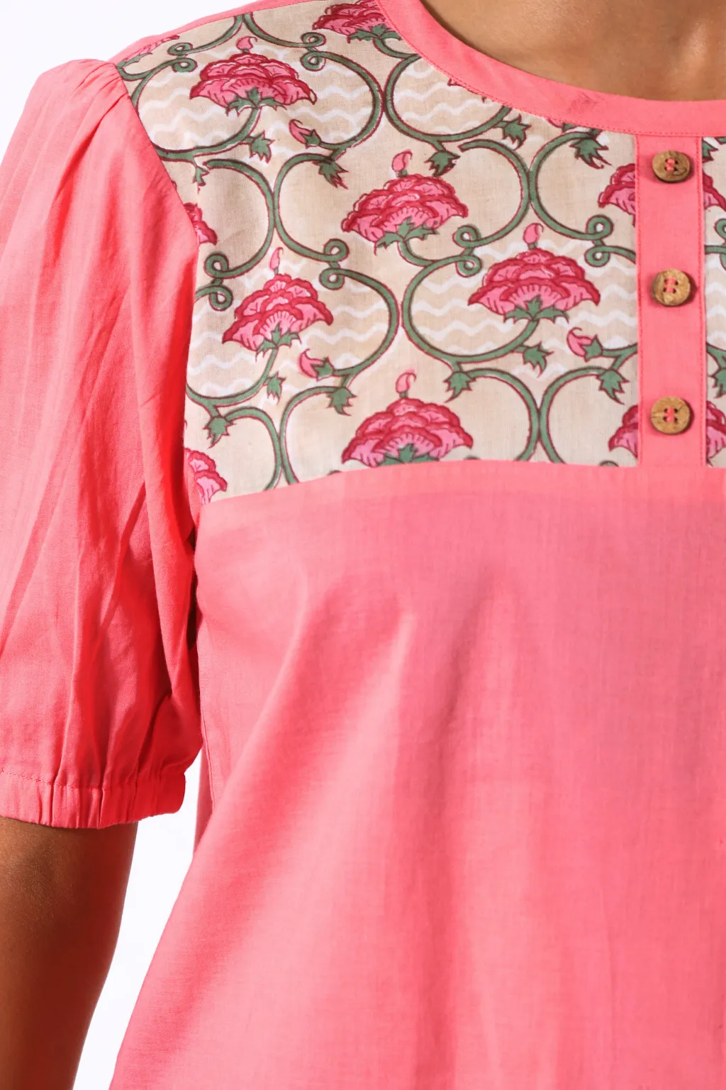 Pink Puffed Sleeve Block Printed Top