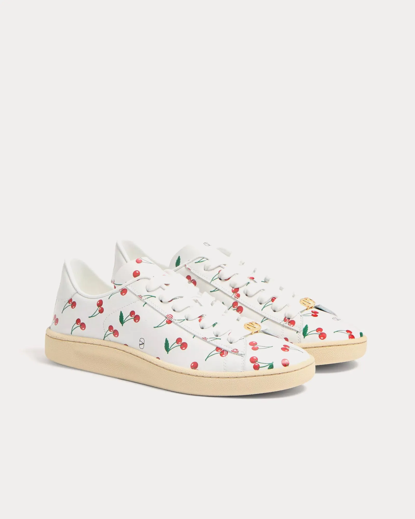 Royco with Cherryfic Pattern Nappa Calfskin White Low Top Sneakers
