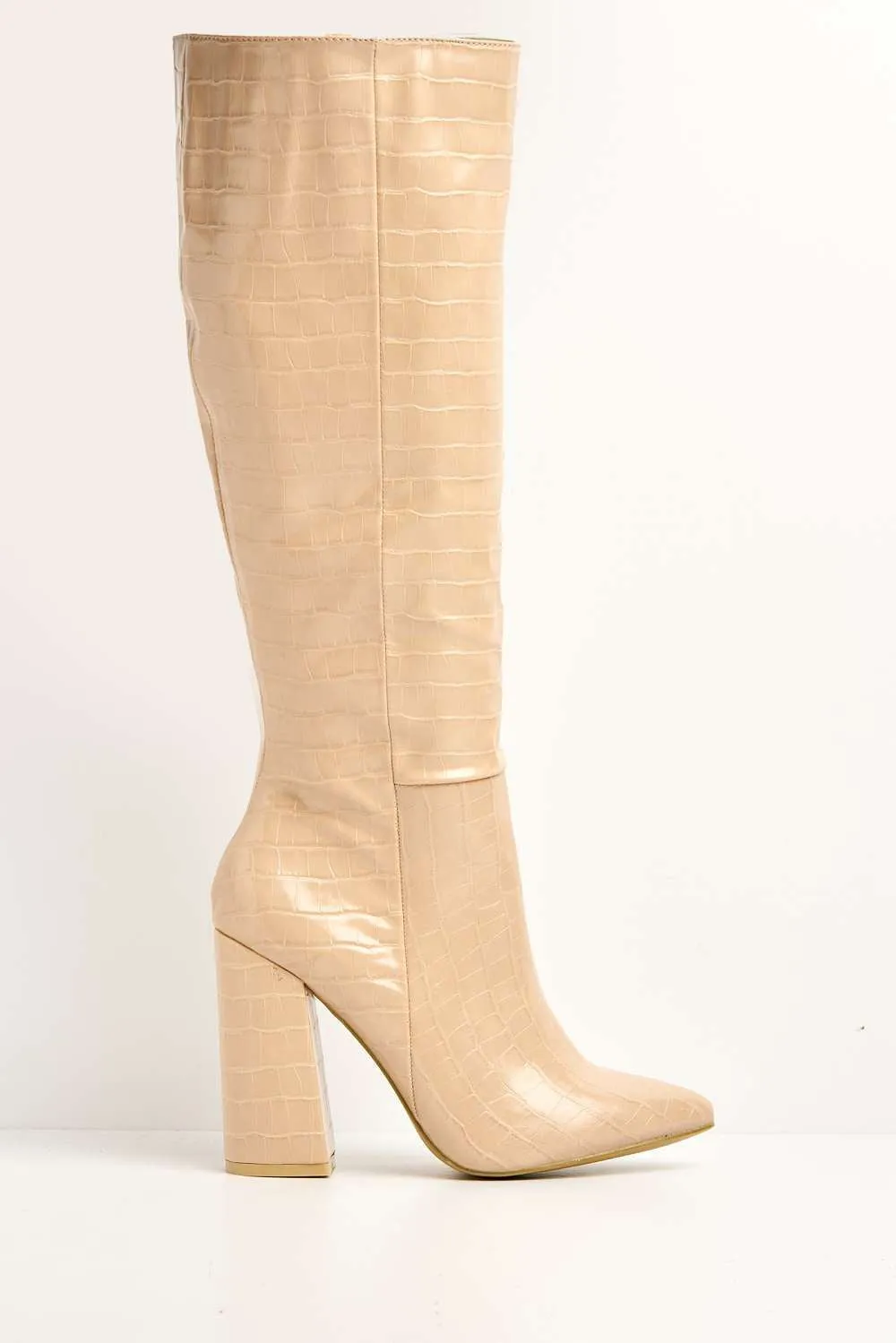 Simran Pointed Toe Knee High Boots with Zip in Nude Croc