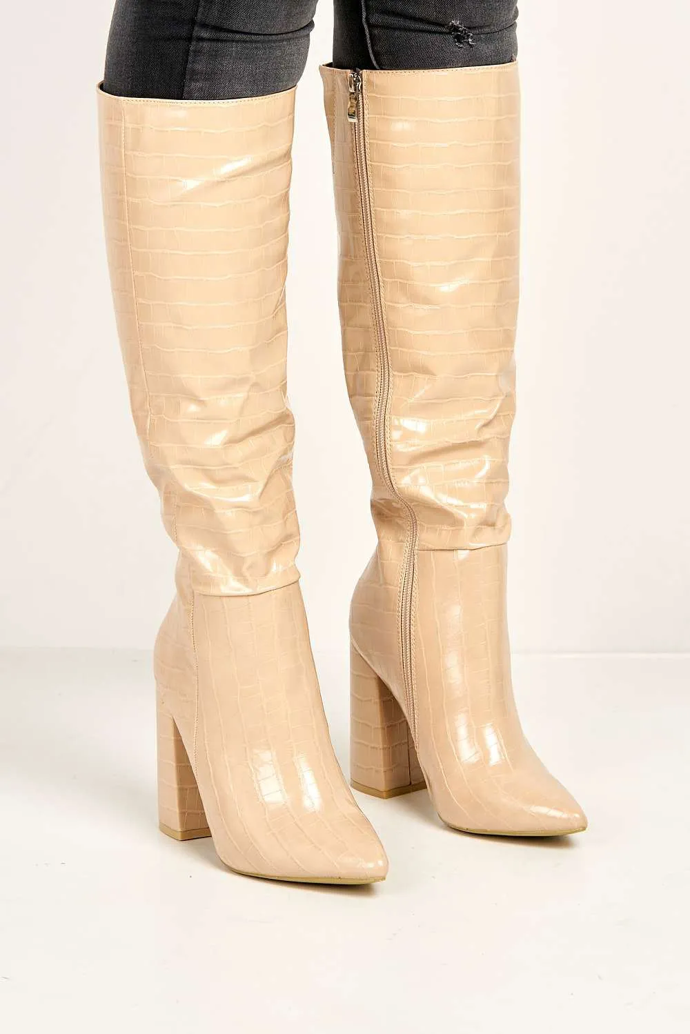 Simran Pointed Toe Knee High Boots with Zip in Nude Croc