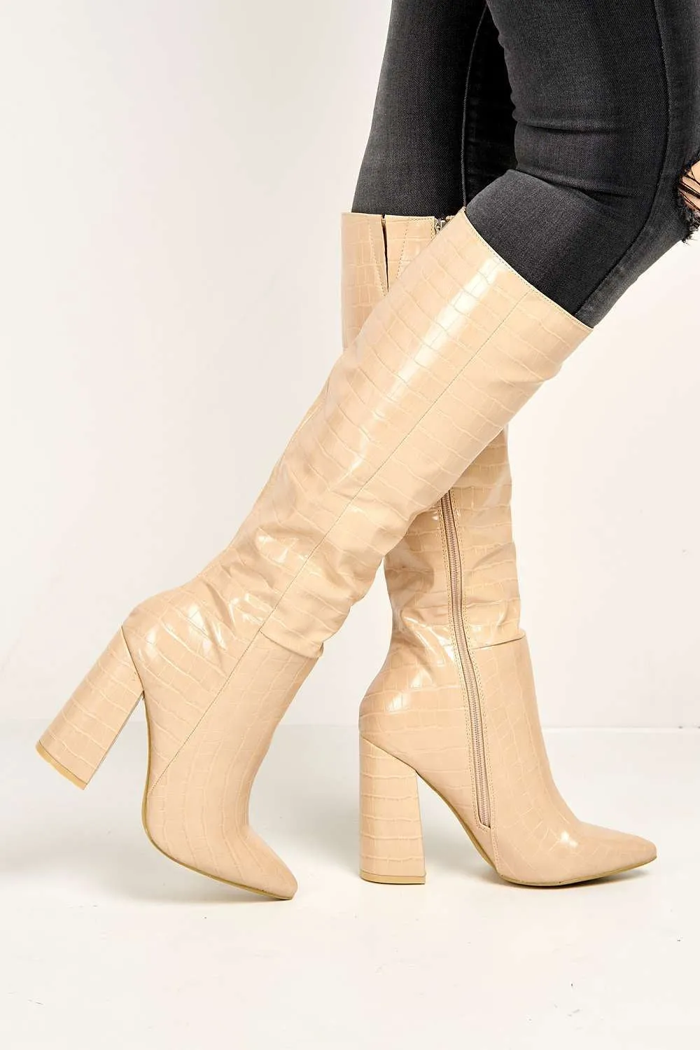 Simran Pointed Toe Knee High Boots with Zip in Nude Croc