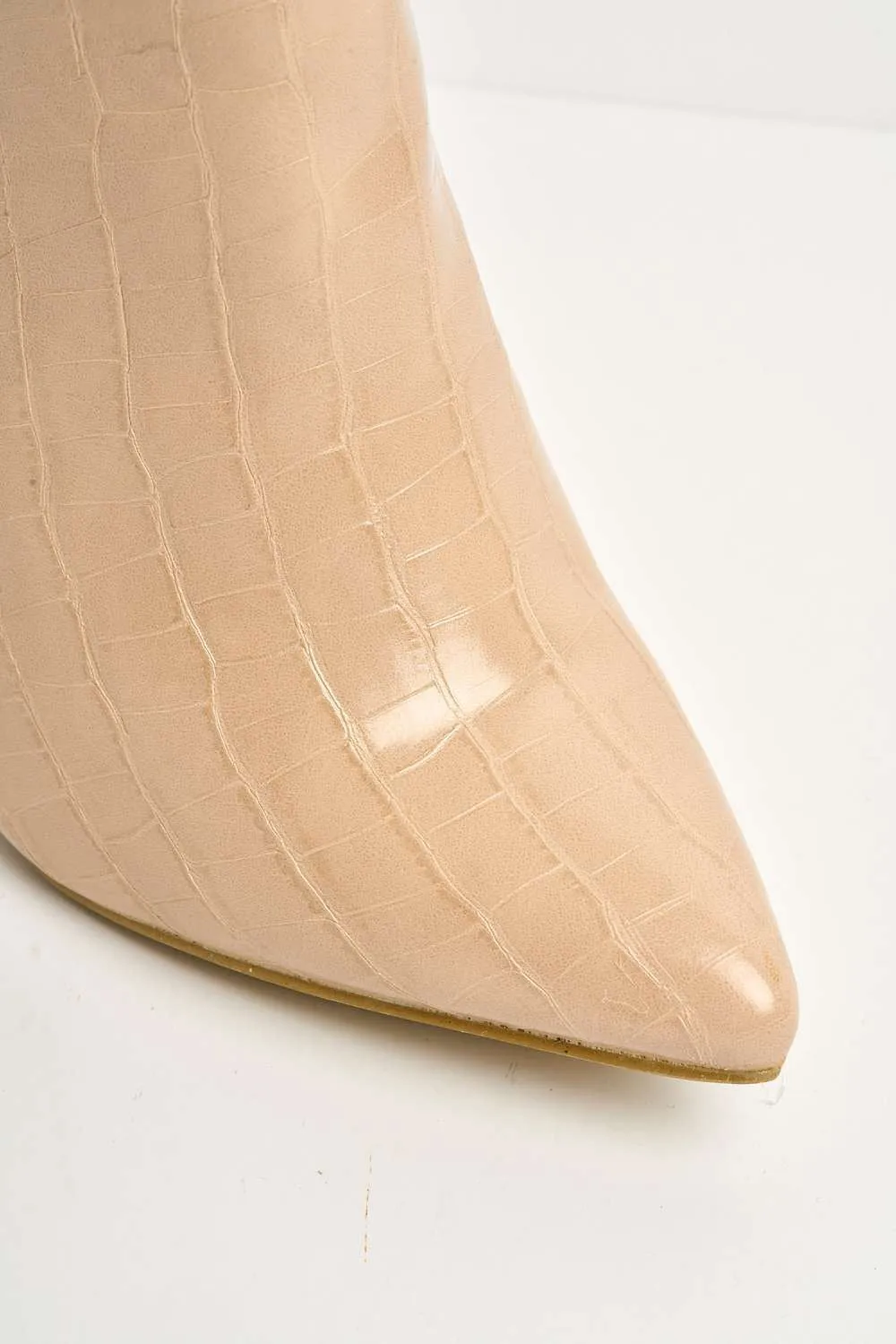 Simran Pointed Toe Knee High Boots with Zip in Nude Croc