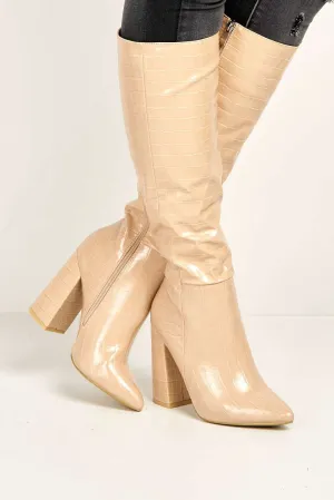 Simran Pointed Toe Knee High Boots with Zip in Nude Croc