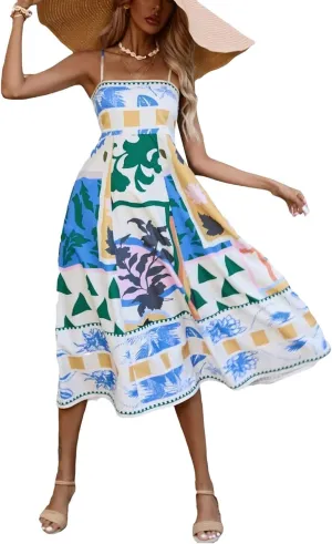 Strapless Maxi Dresses for Women Boho Graffiti Cami Long Dress Colorful Graphic Spaghetti Strap Flowy Tank Sundress