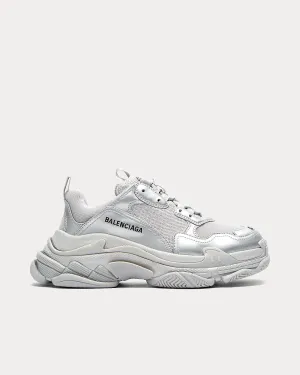 Triple S Logo-Embroidered Silver Low Top Sneakers