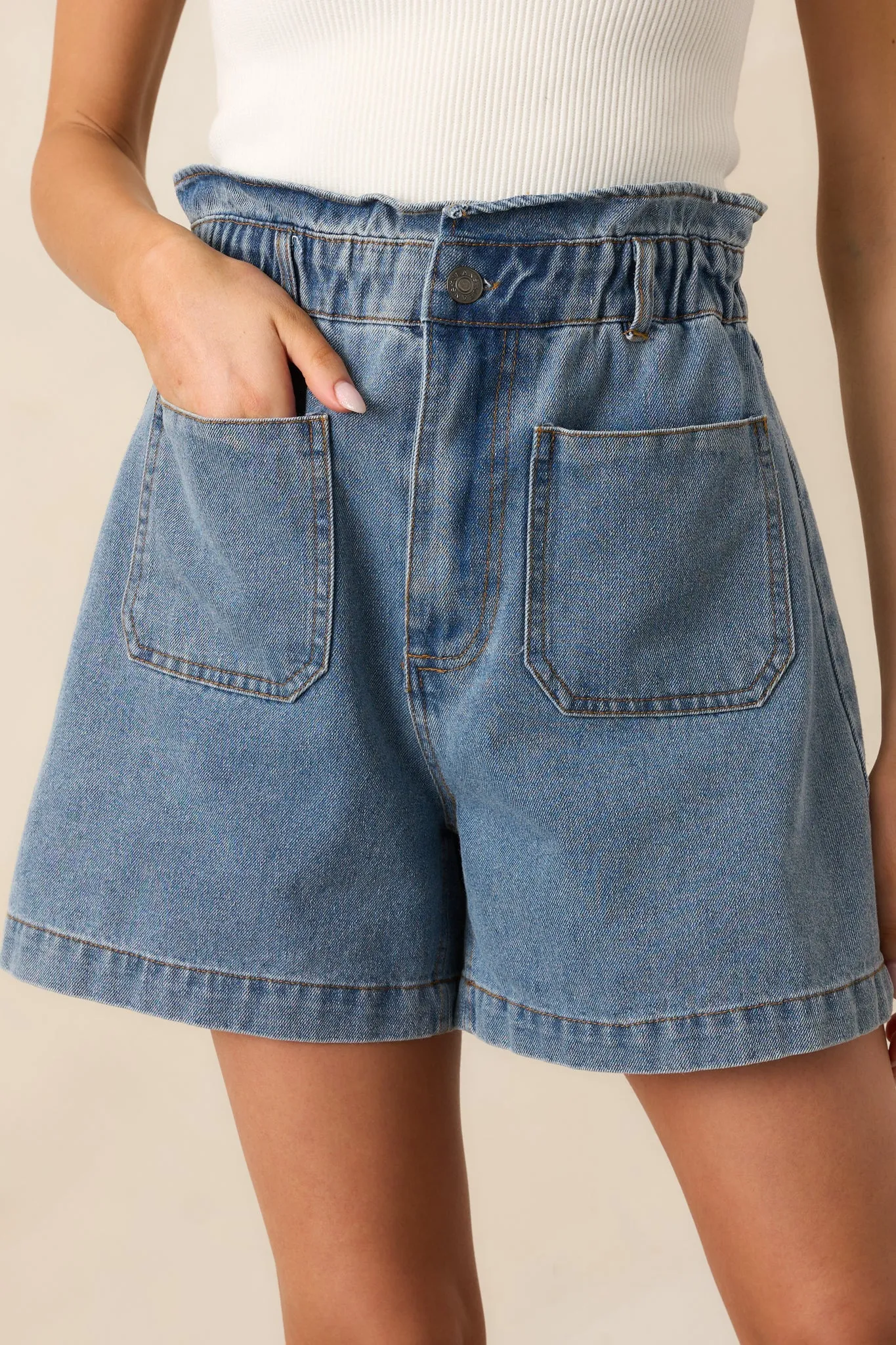 Walk In The Park Medium Wash Denim Paper Bag Shorts