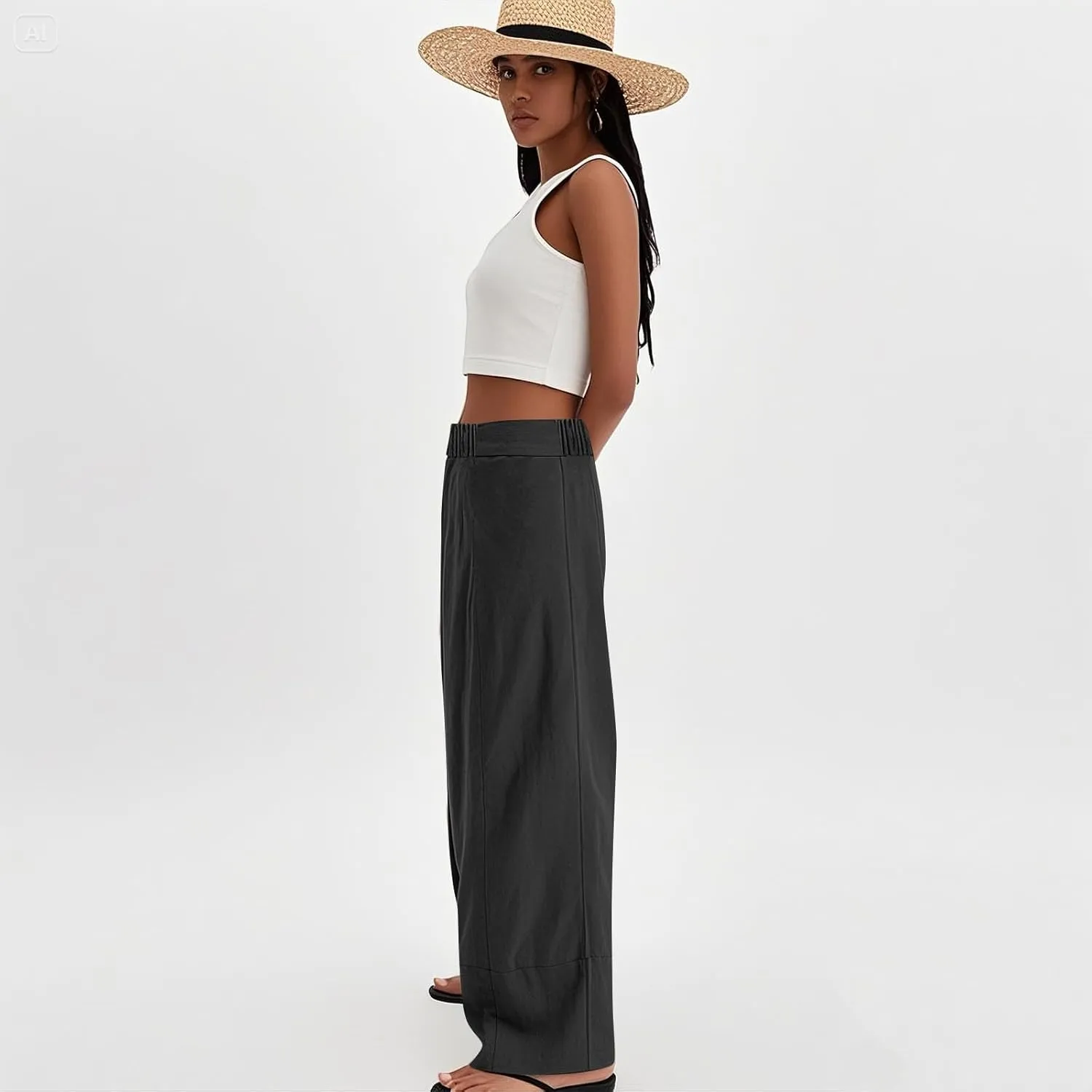 Wide Leg Linen Pants for Women Baggy Elastic High Waisted Palazzo Pants Boho Summer Beach Flowy Pants with Pockets
